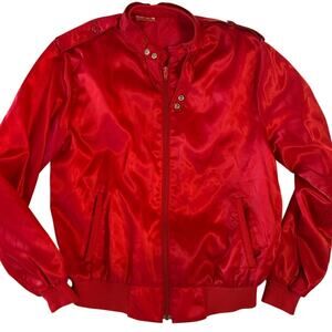 VTG 80s Satin Snap Button Bomber Jacket Adult M Red Lined USA Made